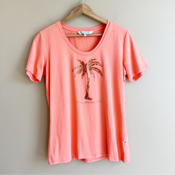 MARGARITAVILLE women’s coral tee size medium rose gold sequin palm tree - Picture 7 of 7